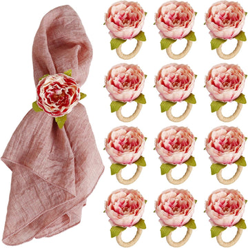 Farmhouse Flower Napkin Rings, Faux Pink Rose Napkin Ring Serviette Holder for Spring Holiday, Mothers Day - Set of 12