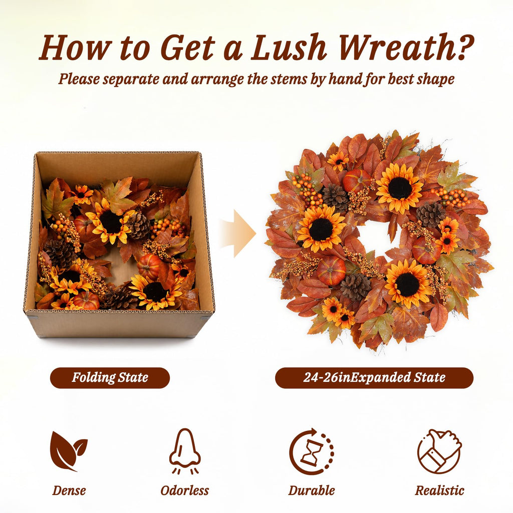 26 in Artificial Fall Wreath, Sunflower Wreaths for Front Door