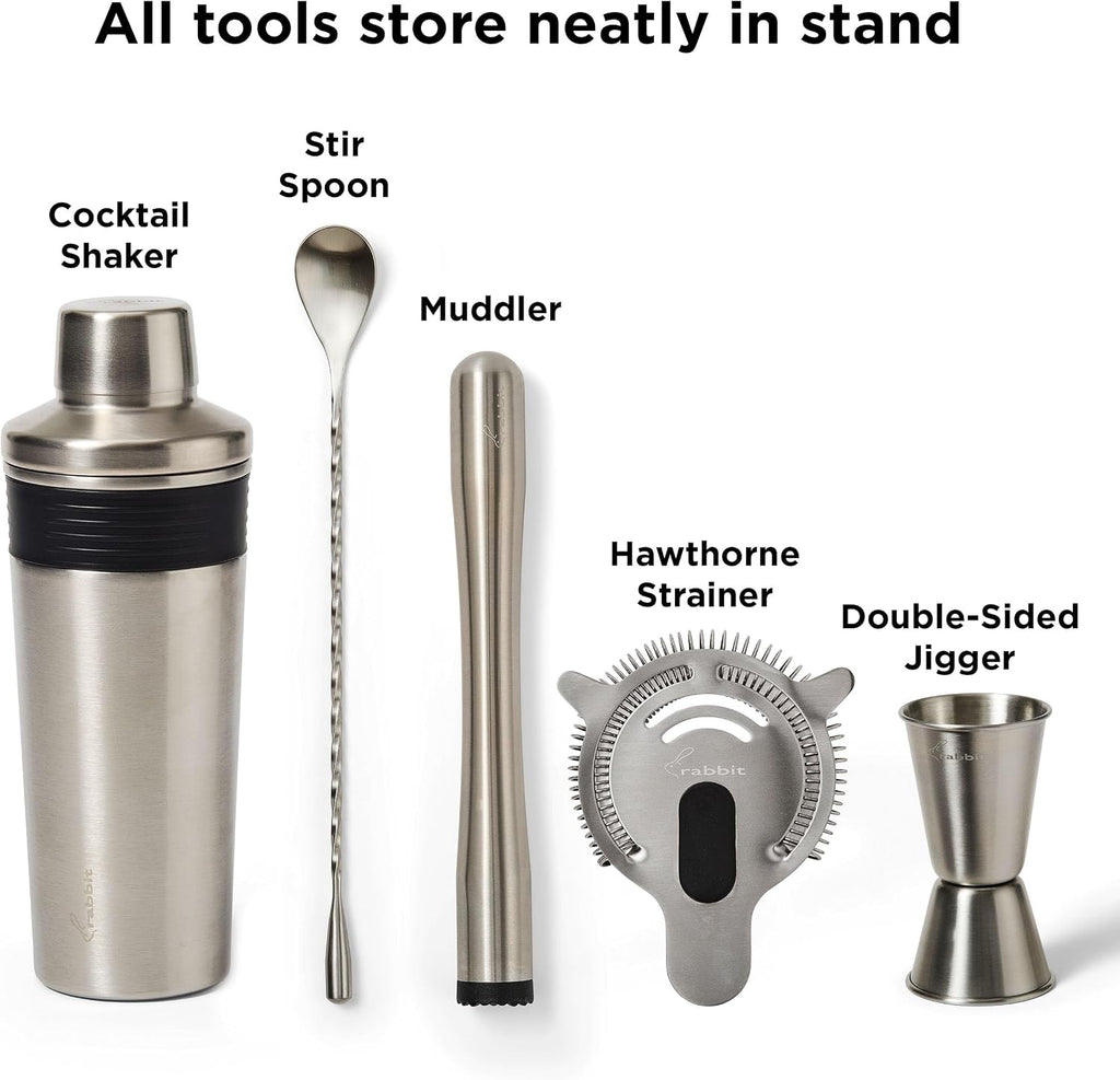 6-Piece Bar Tool Set - Stainless Steel Cocktail Shaker with Integrated Strainer, Muddler, Stir Spoon, Double Jigger - Set of 6