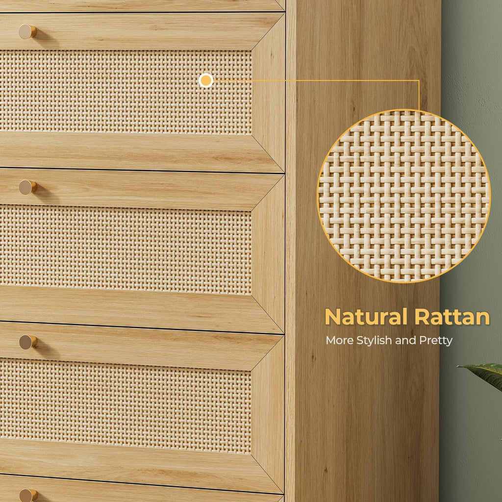 Rattan Dresser with 6 Drawer, Modern Double Wooden Tall Bedroom Dresser, Chest of Drawers with Metal Handle & Solid