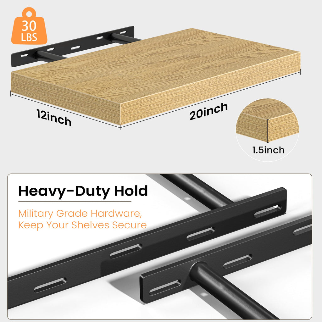 Floating Shelves Set of 3, 12 Inch Deep Floating Shelves with Heavy Duty Brackets, 20'' Rustic Wood Wall Mounted