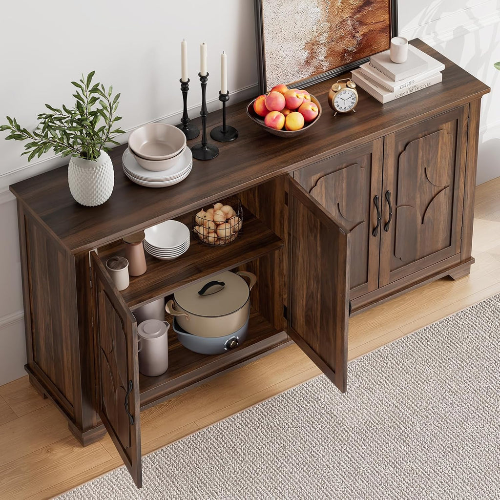 63 Inch Buffet Cabinet with Storage, Large Sideboard Cabinet with 4 Carved Doors