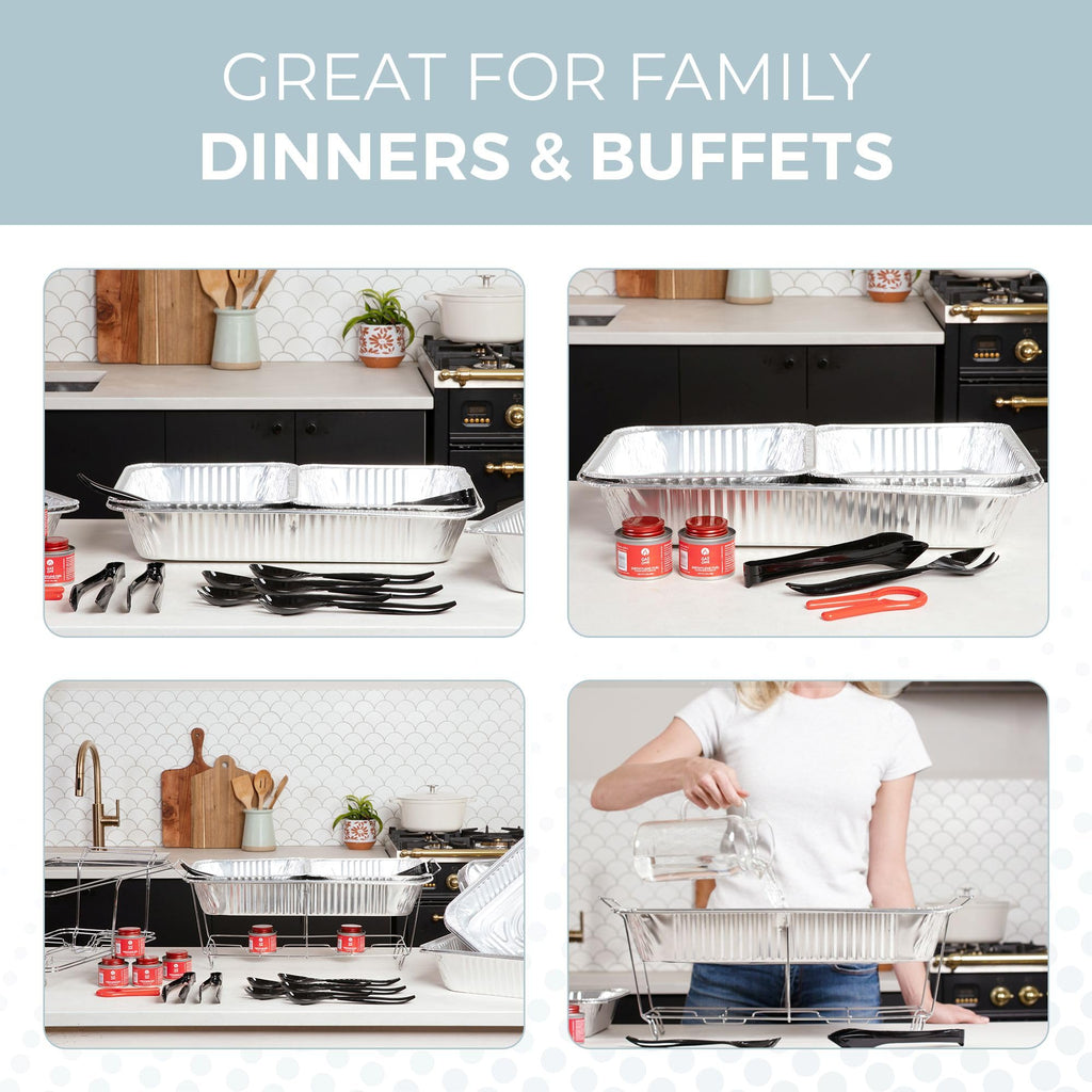 Large Full Size 33-Pcs Disposable Chaffing Buffet with-Covers, Utensils, Fuel Cans - Premium Chafing Dish Set for