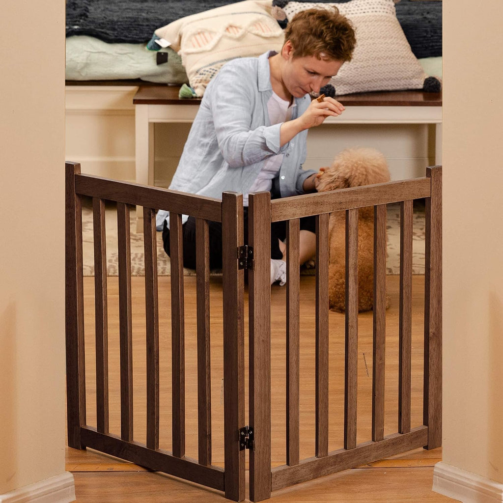 Wooden Free Standing Dog Gate 40" W x 24" H, Foldable Solid Hardwood Pet Safety Fence Doorways, Stairs, Hallways