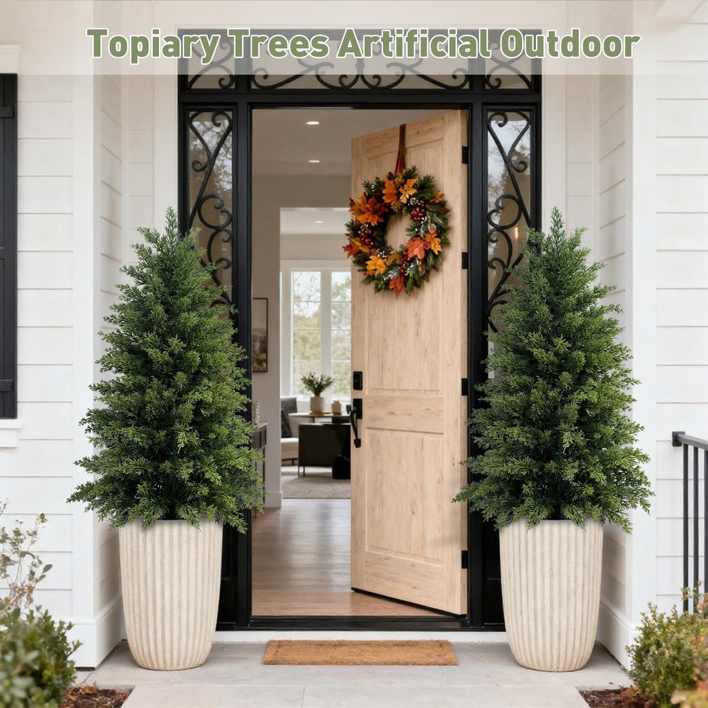 3ft Cedar Topiary Trees Artificial Outdoor, Set of 2 Realistic Faux Cedar Trees Planter, Indoor Outdoor Artificial