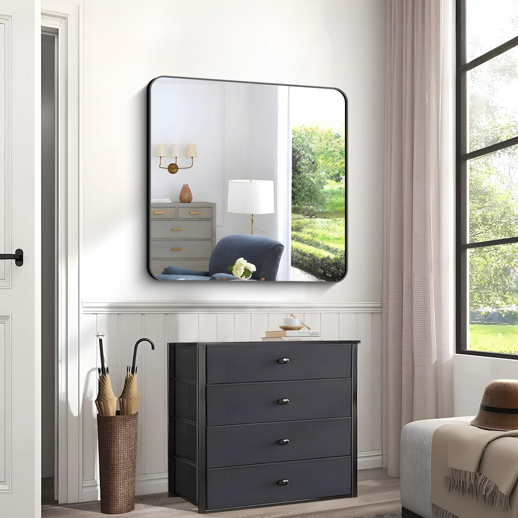 Black Bathroom Mirrors for Wall, 30"x30" Square Mirror, Rounded Corner Metal Frame Wall Mirror, Bathroom Vanity