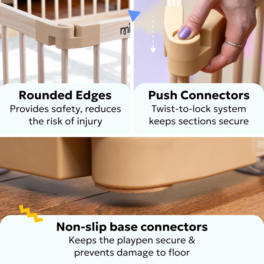 Baby Playpen, Wooden Playpen for Babies and Toddlers, Foldable Fence with Montessori Activity Panel, Storage Basket &