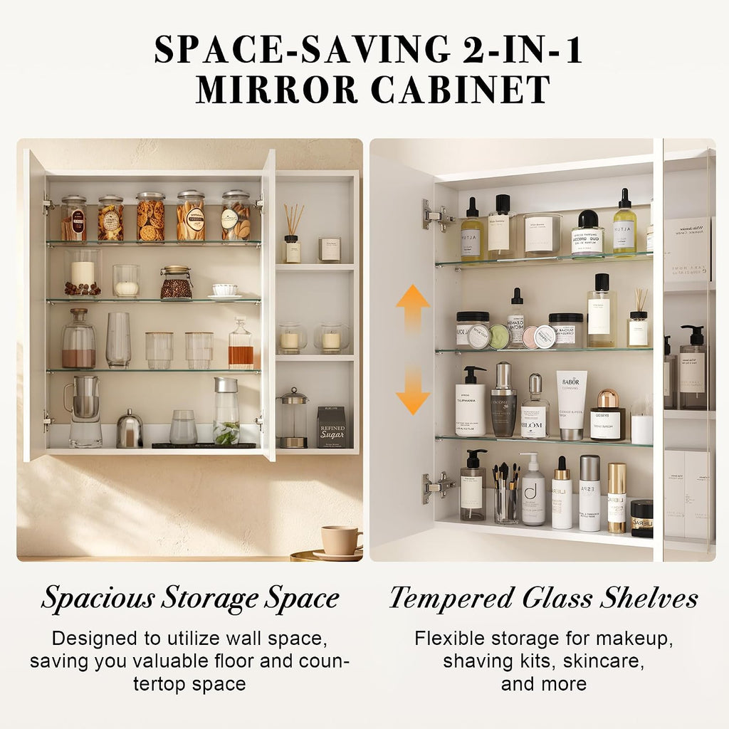 Double Door Medicine Cabinet Mirror, Wall Mount Bathroom Cabinet | Double Door Modern Surface Mount Medicine Cabinet