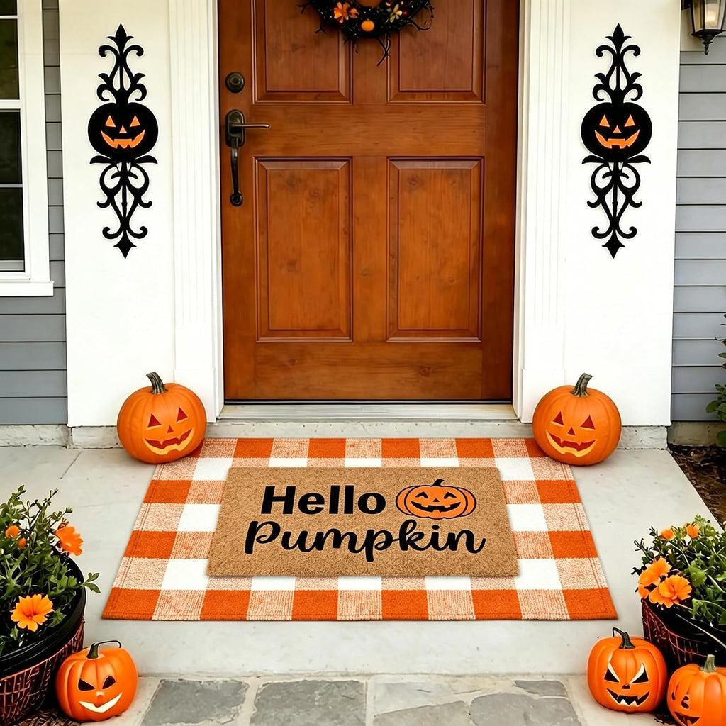 Halloween Layered Front Doormat Set, Hello Natural Coco Coir Door Mat + 28"x43" Orange White Buffalo Plaid Rug