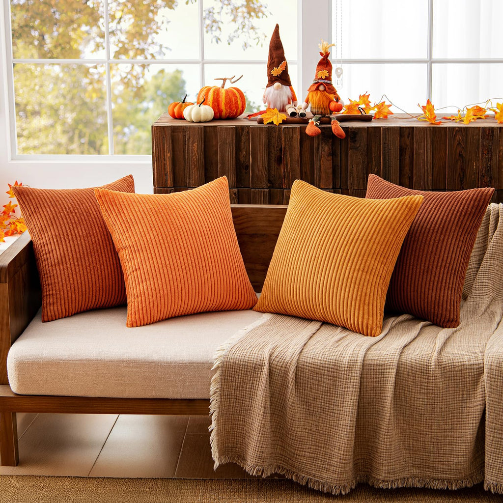 Fall Corduroy Decorative Throw Pillow Covers Orange Rust 18x18