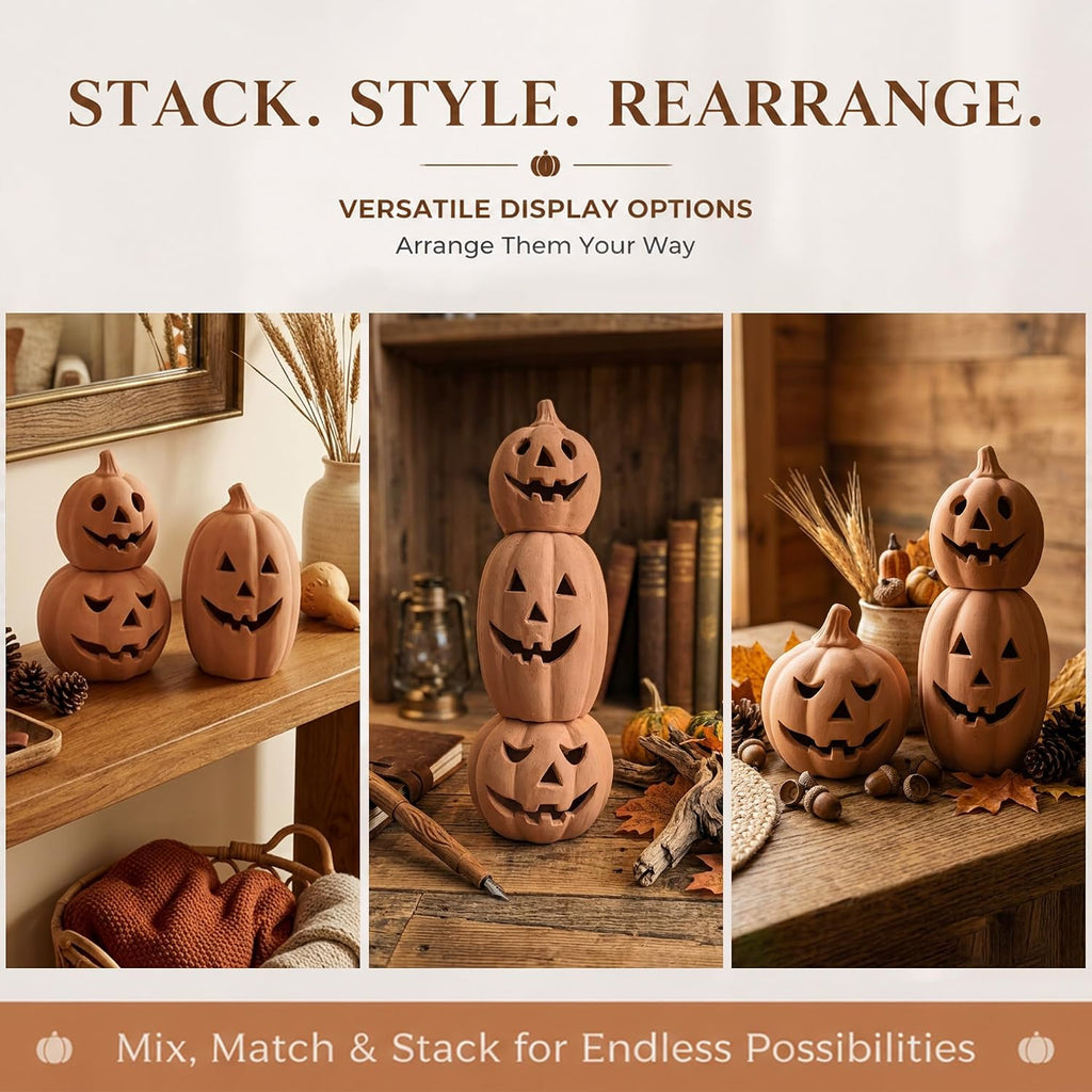 Mini Terracotta Pumpkin Halloween Decor, 6 in Max - Set of 3