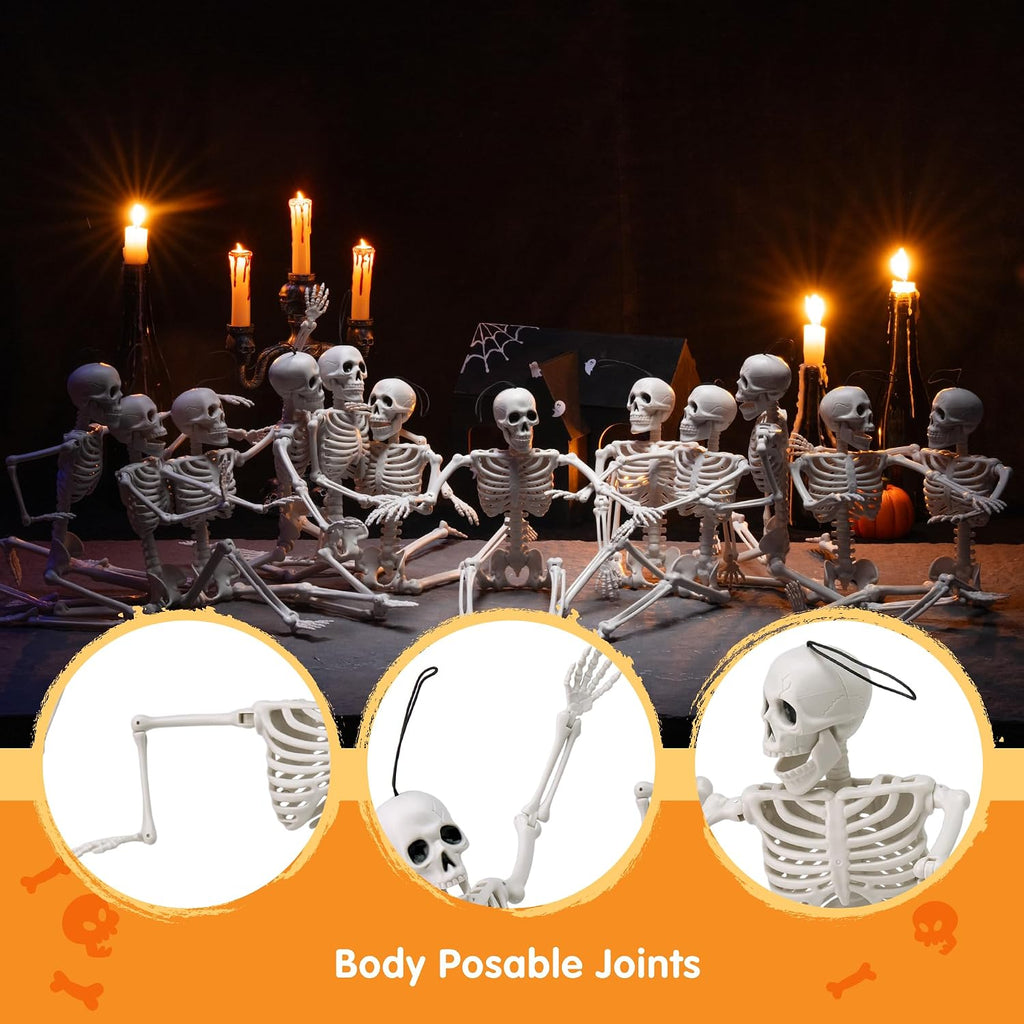16" Halloween Skeleton Decor, Full Body Movable Stayable Joints Plastic Skeleton, Posable Hanging Skeletons - Set of 12