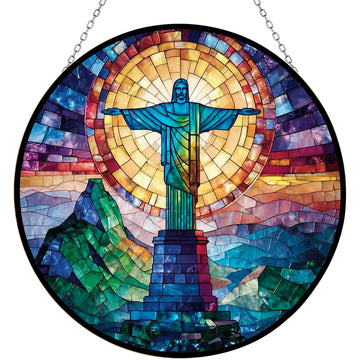 Christ The Redeemer Stained Glass Window Hanging Customized Suncatcher 12" Glass Panel with Metal Chain Sun Catchers