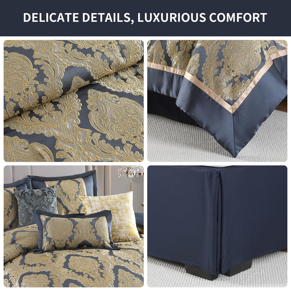 Luxury 7 Piece Queen Comforter Set, Vintage Damask Jacquard Design Bed in Bag Queen, All Season Navy Blue and Gold