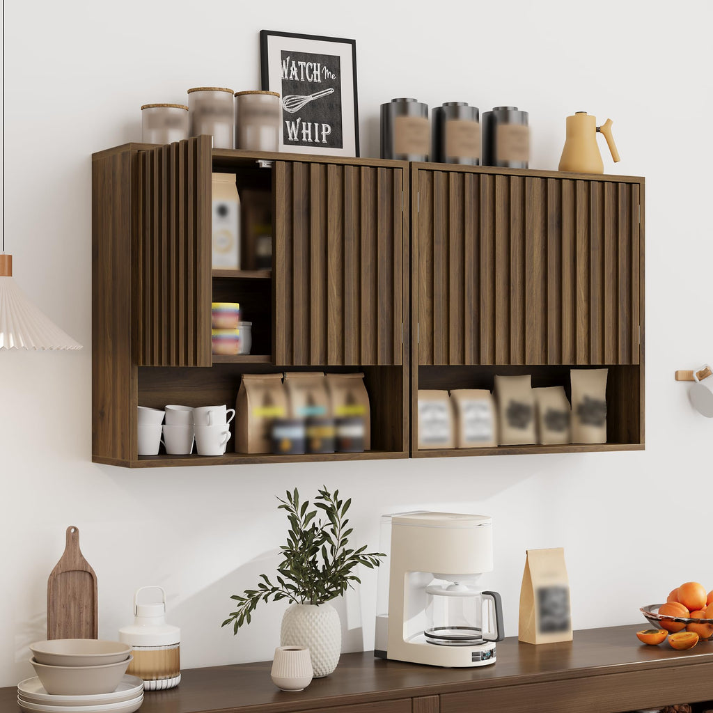 Fluted Bathroom Cabinet Wall Mounted, Wooden Medicine Cabinet with Adjustable Shelf, Walnut Bathroom Cabinet for Bath