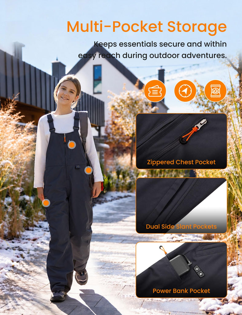 Kids Heated Insulated Snow Bib Overalls with Battery Pack Grey