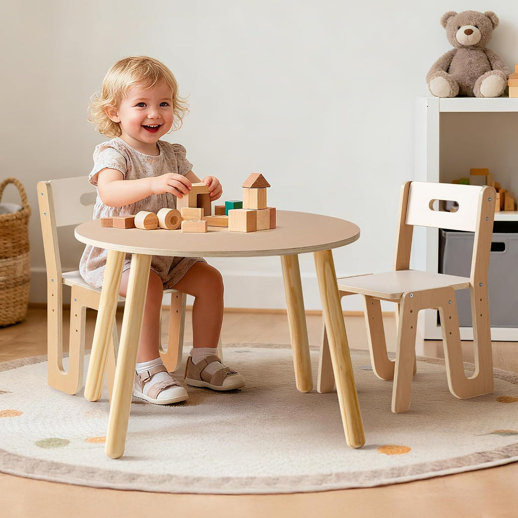 Wooden Kids Table and Chairs, Adjustable Height Toddler Table and Chair Set, Round Kids Desk and Chair Set for Ages