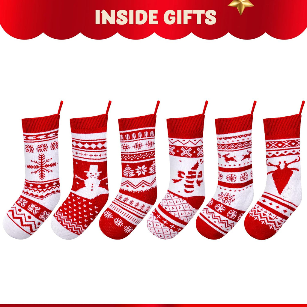 18" Christmas Knit Stockings, Large Rustic Yarn Xmas Stockings Bulk, Cable Knit Xmas Stockings with Snowflake - Set of 6