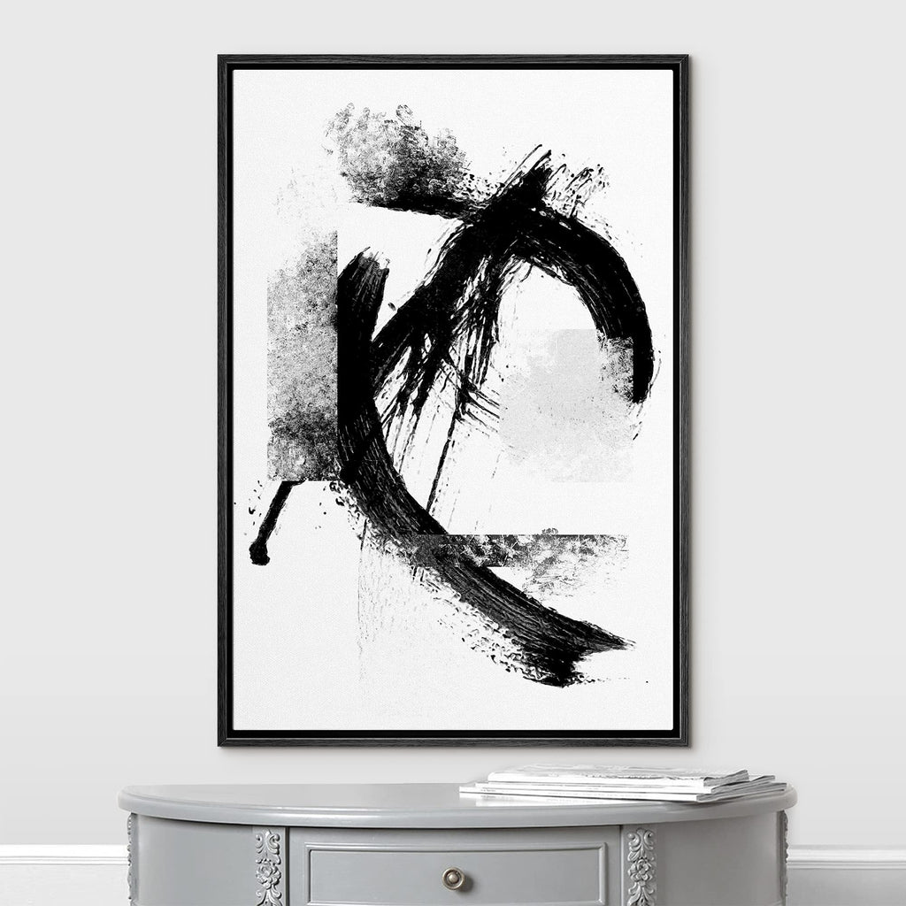 Framed Canvas Print Wall Art Black & Gray Paint Stroke Figure Abstract Shapes Drawings Modern Art Industrial Black