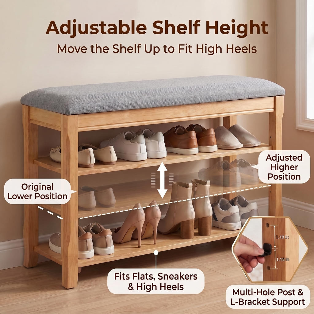 Solid Wood Shoe Bench, 39.4'' Shoe Rack Storage