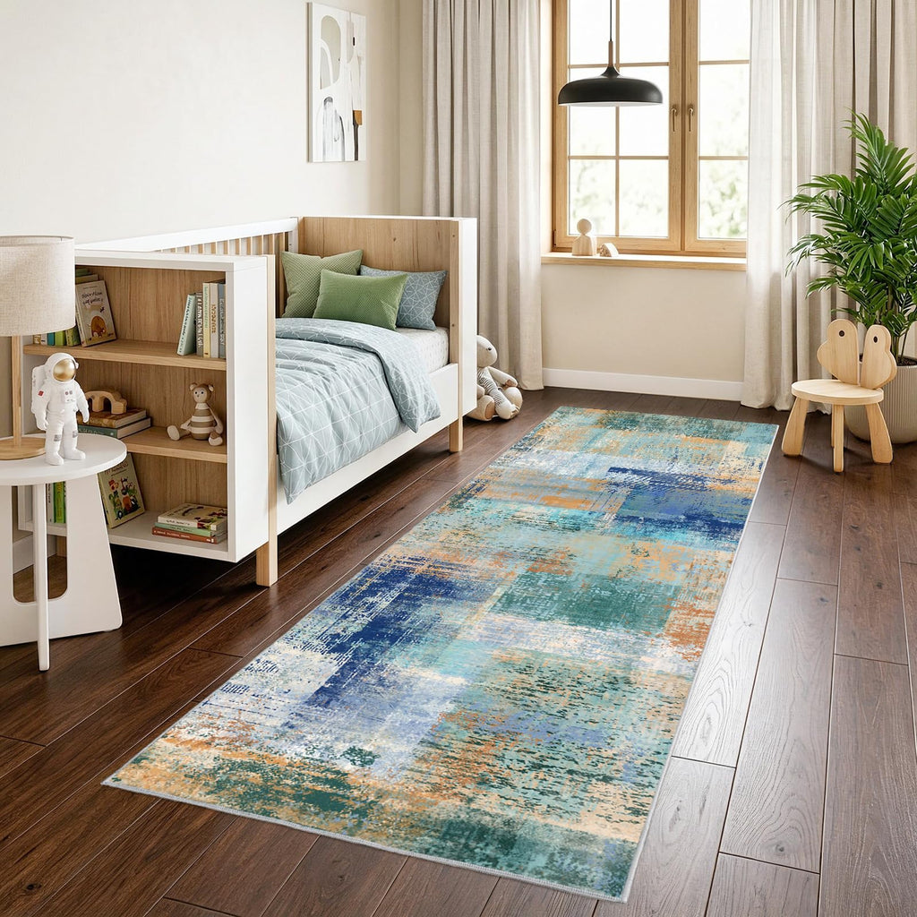 Abstract Runner Rug Washable Runner Rugs Non-Slip Rug Blue Blocks