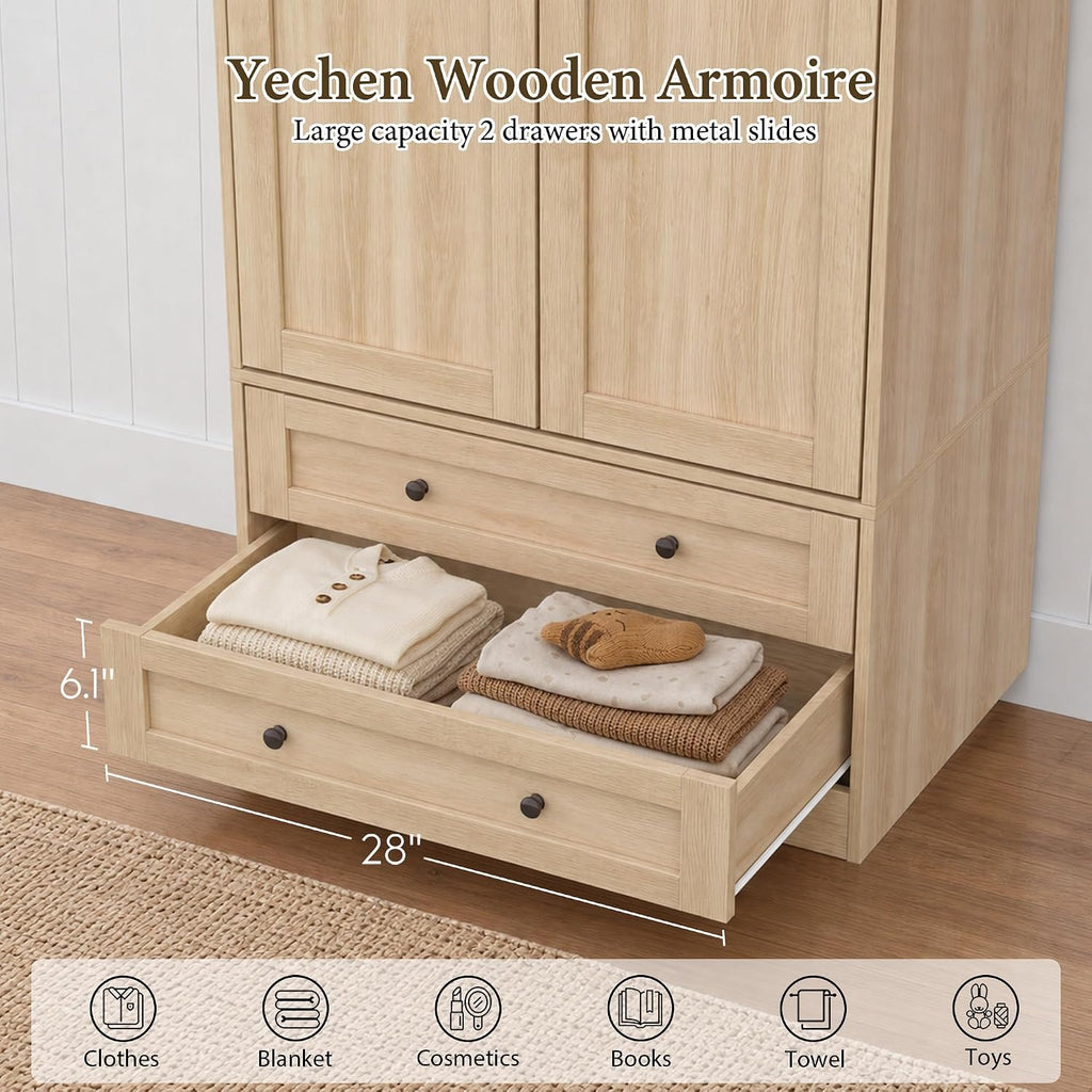 71" Wooden Armoire Wardrobe Closet with 2 Doors & 2 Drawers, Natural | Modern Tall Storage Cabinet with Adjustable