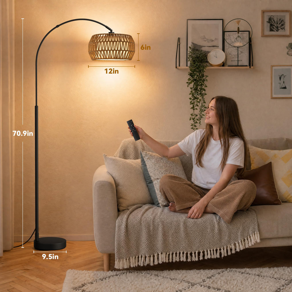 Boho Arc Floor Lamp, Color Temperatures and Brightness Adjustable
