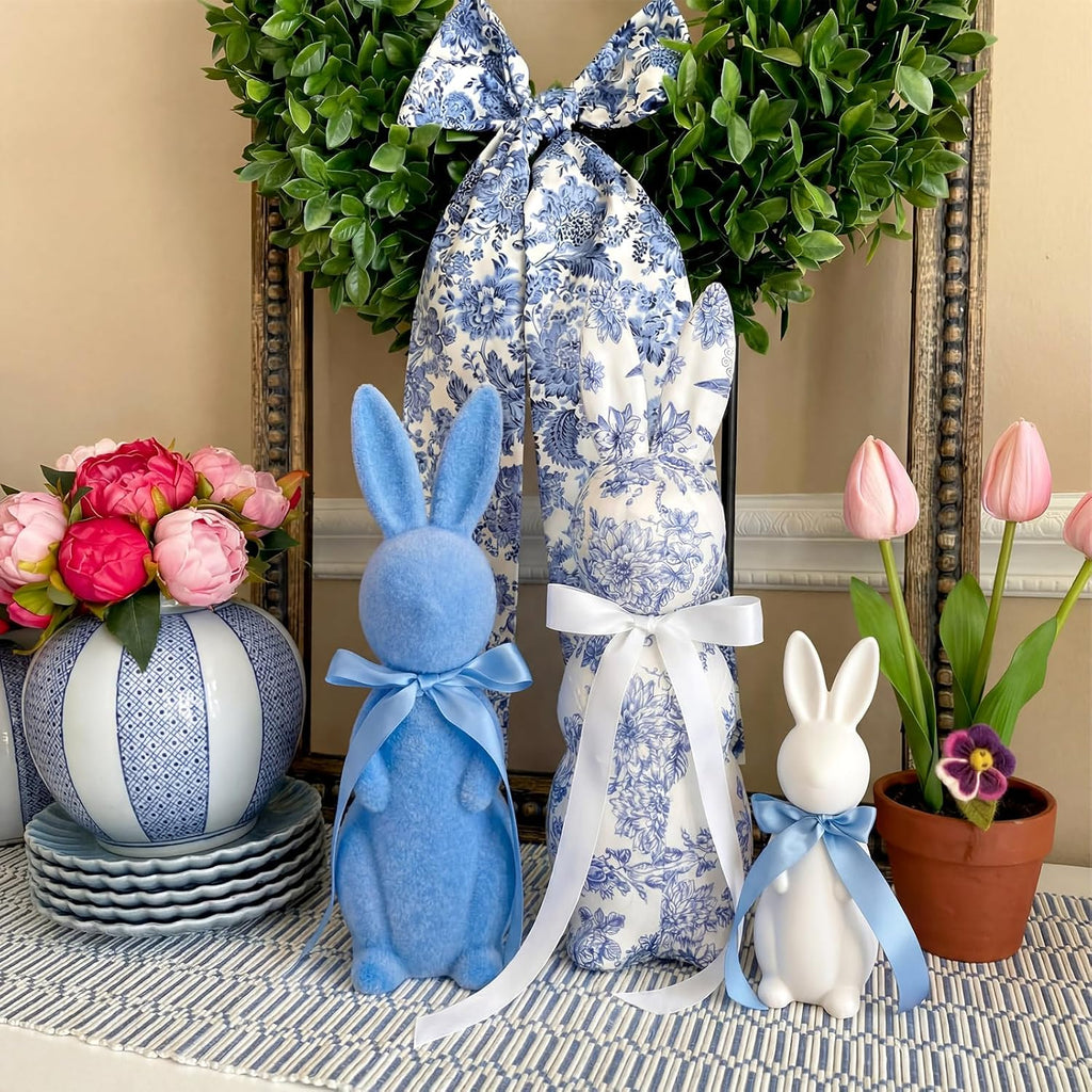 Easter Bunny Decorations Chinoiserie Floral Easter Centerpieces 15.5/13/10 Inch Blue and White Flocked Rabbit - Set of 3