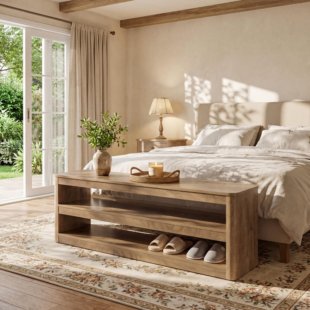 55" Farmhouse Entryway Bench, 3-Tier Open Storage Shoe Bench with Rounded Corners, Wood Look Indoor End of Bed Seat