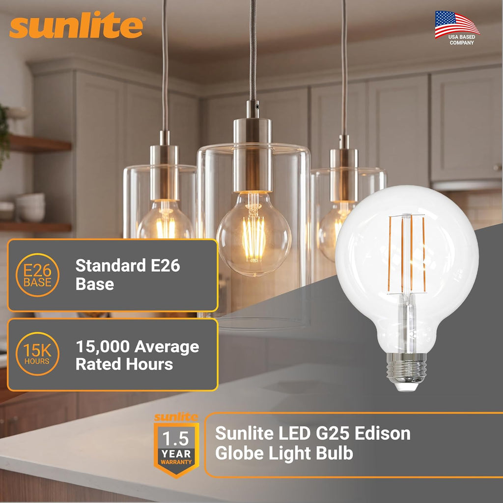 LED G25 Edison Globe Light Bulb, 8.5 Watts (100W=), Medium E26 Base, 800 Lumens, Dimmable, Clear Glass, Antique Long