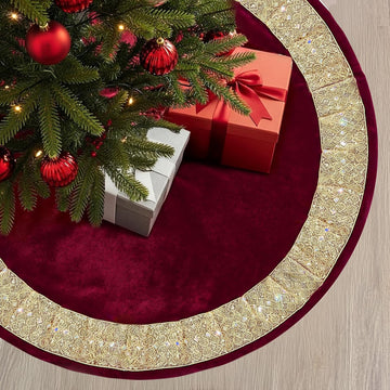 Red Velvet Christmas Tree Skirt, Gold Glitter Trim Holiday Tree Mat