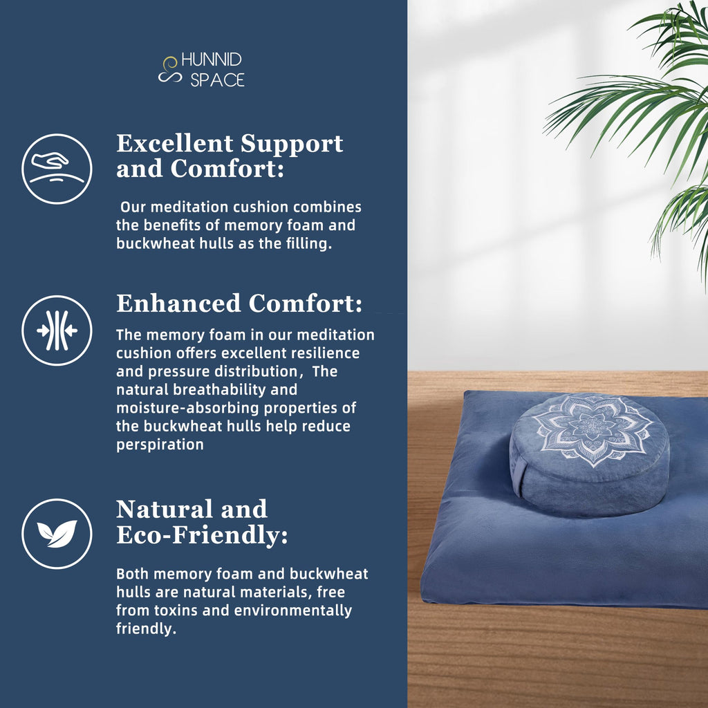 Meditation Cushion Set Zafu & Zabuton - Buckwheat Hull & Memory Foam, Adjustable Floor Pillow for Yoga, Meditation &