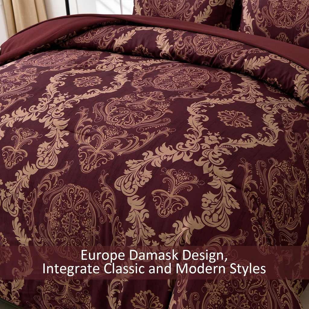 Burgundy Comforter Set Full Size, Maroon Damask Texture 7 Pieces Bed in a Bag Microfiber Comforter Bedding Sets -1