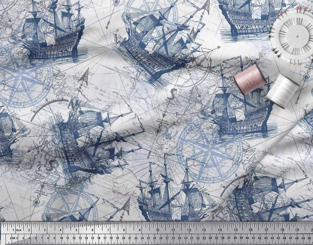 Viscos Chiffon Blue Fabric - by The Yard - 42 Inch Wide - Ship & Direction Compass Nautical Fabric - Nautical