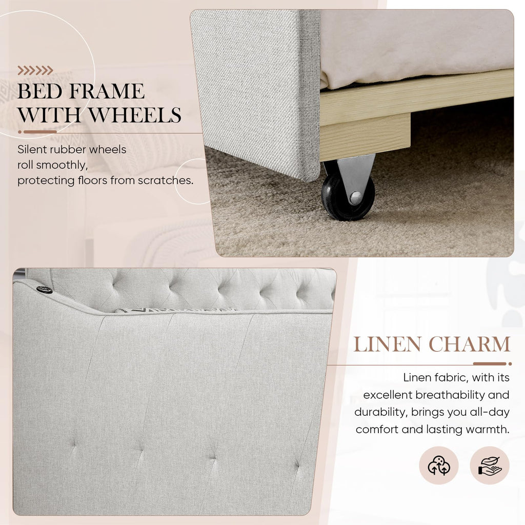 Daybed with Pop up Trundle, Fabric Upholstered Twin Size Day Bed Pull-Point Sofa Daybed Frame w/Twin Roll-Out