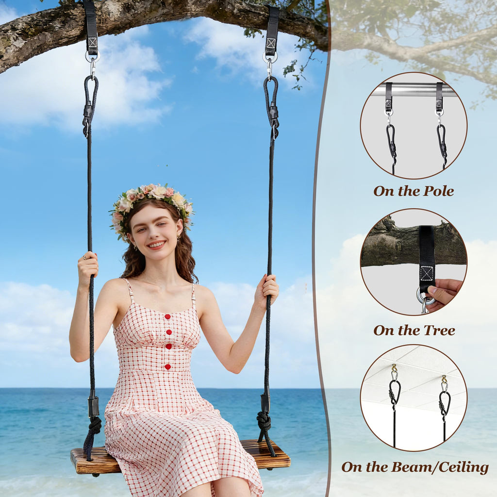 Carbonized Wooden Tree Swing, 18"x 8" Wooden Swing Seat, Heavy Duty 440 lb Load Capacity, Hanging Wood Swing with
