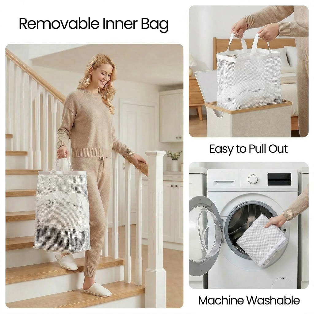 Slim Laundry Hamper with Lid and Removable Bag, 75L Light Grey
