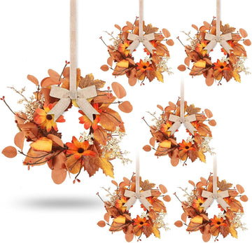 Fall Mini Wreath Set, Artificial Autumn Small Wreaths with Burlap Bow Sunflower Maple Leaf Eucalyptus - Set of 6