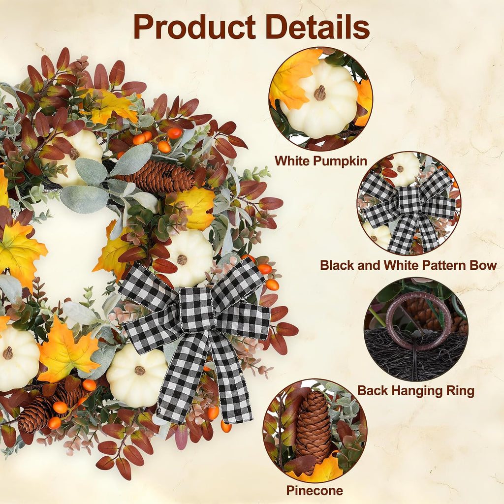 26" Fall Wreaths for Front Door Outside Pumpkin Autumn Wreath