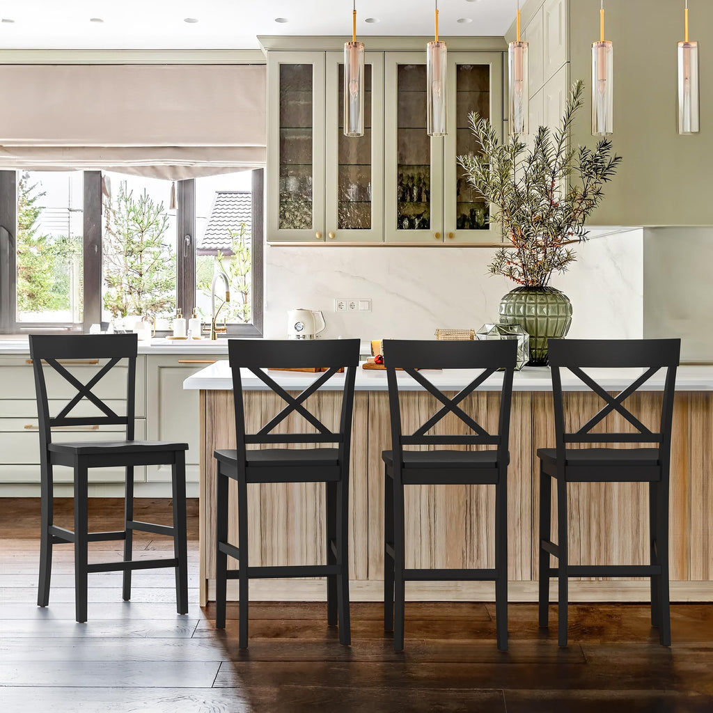 Bar Stools Set of 4, 24" Wooden Barstools with X Back, Black