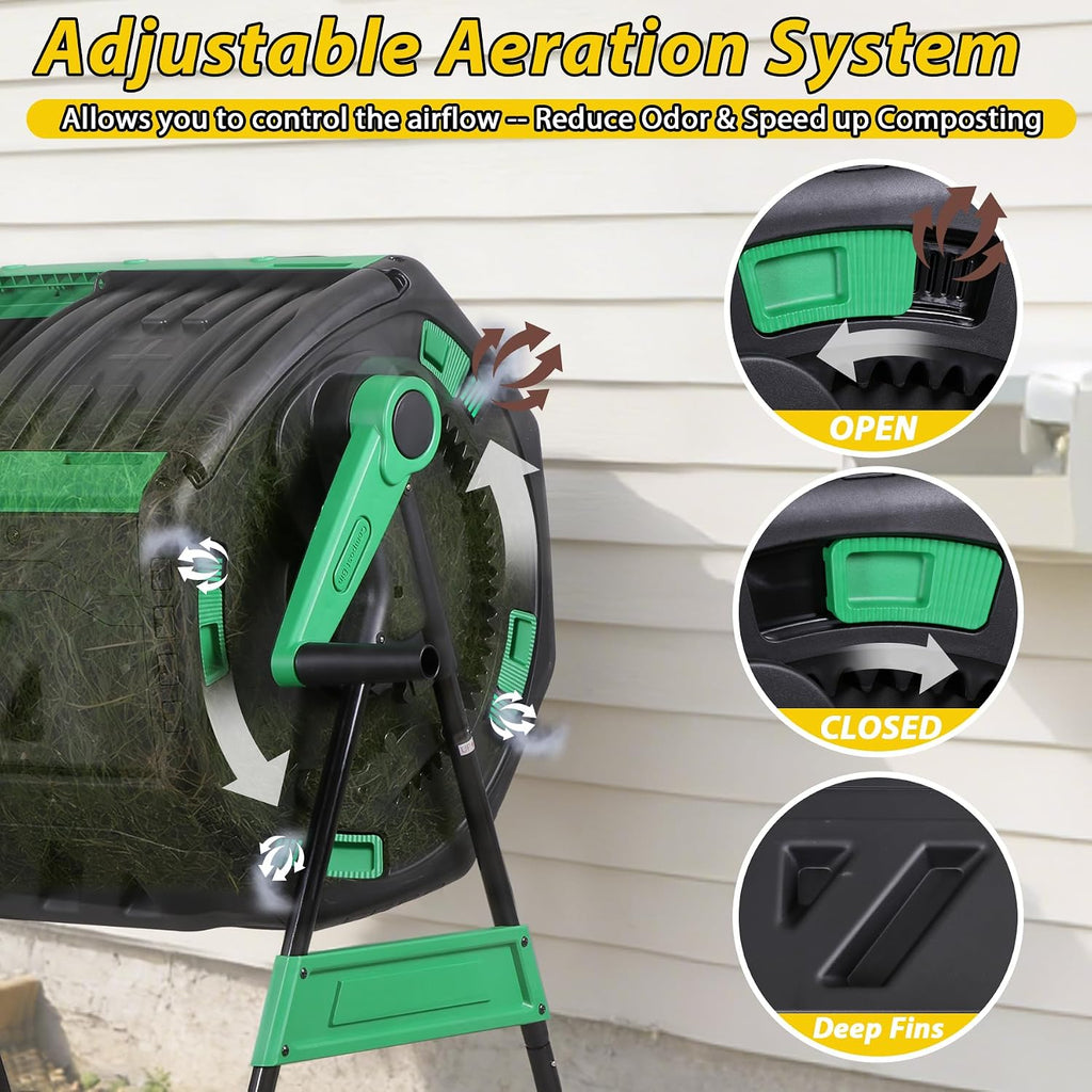 53-Gallon Dual Chamber Compost Tumbler, Outdoor Compost Bin with 360° Hand Crank & Adjustable Aeration, Includes