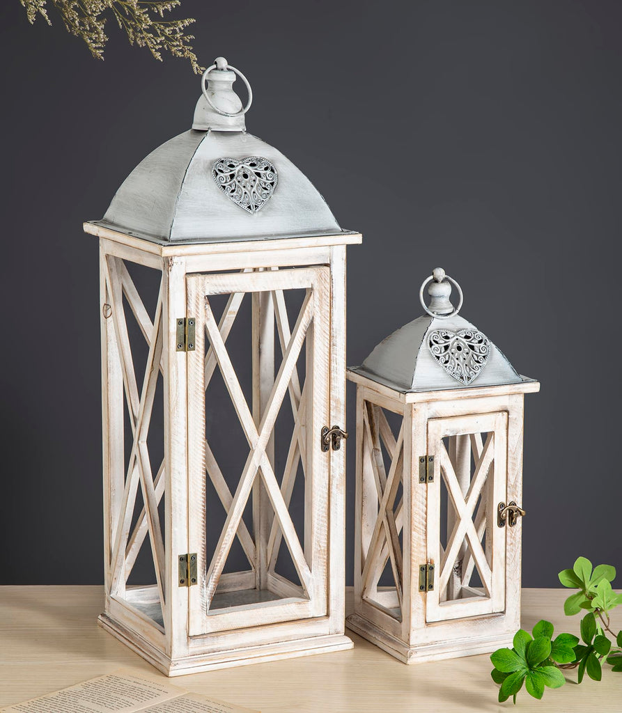 Set of 2 Large Farmhouse Wooden Metal Lanterns, Rustic Decorative Floor Candle Lanterns, Whitewash Distressed Hanging