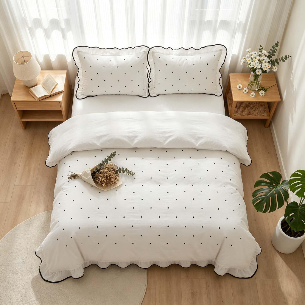 Polka Dot Duvet Cover Elegant White Ruffle Bedding Set
