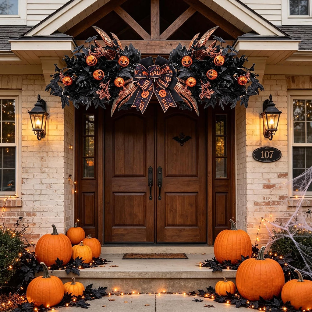 Halloween Front Door Swag Weath with LED Artificial Gothic Black Maple Glitter Evil Pumpkin Teardrop Swag
