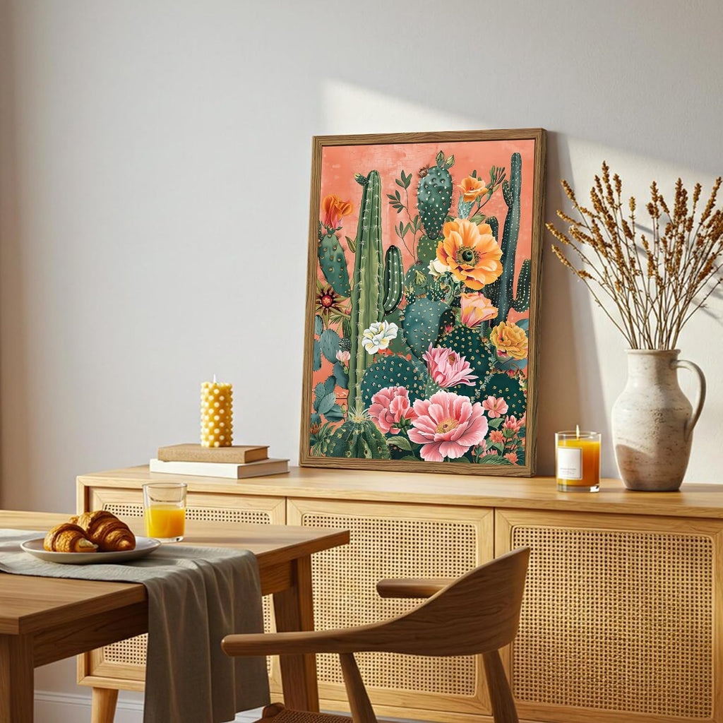 Framed Mexican Cactus Canvas Wall Art Set of 2, Vintage Desert Floral Wall Decor Paintings, Southwestern Boho