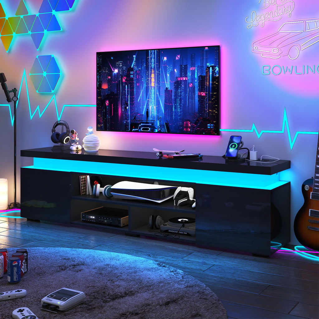 LED TV Stand for 85 Inch TV, Modern TV Stand with Power Outlet, High Gloss TV Console Entertainment Center with