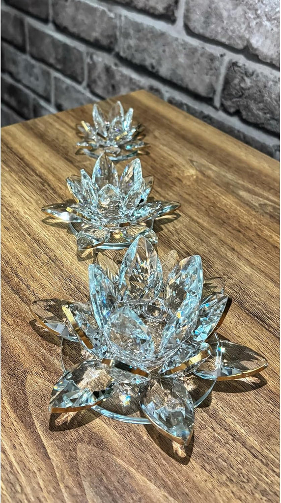 Decorative Crystal Glass Lotus Flower Candle Holder Set (3 Pieces) - Gold Trim - Refined Feng Shui Decor for Tables