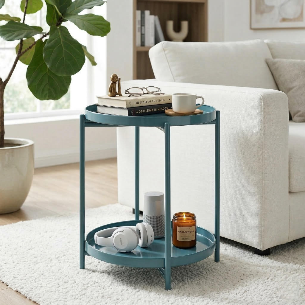 2 Tier Round Side Table, Folding Round Metal End Table Small Nightstand with Two Removable Tray Living Room Bedside