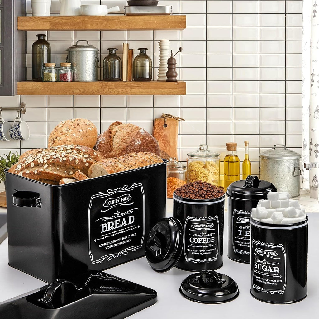 Metal Bread Box with 3 Kitchen Canisters Set, Large Black Farmhouse Bread Tin Countertop, Coffee Tea Sugar Canister - Set of 4