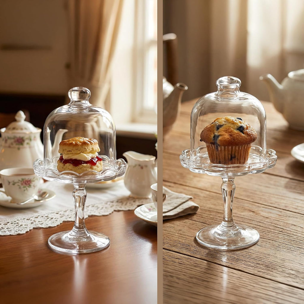 Glass Mini Cake Stand with Clear Dome Lid, Elegant Pedestal Cupcake Stand, Clear Glass Cake Dome for Cake Storage